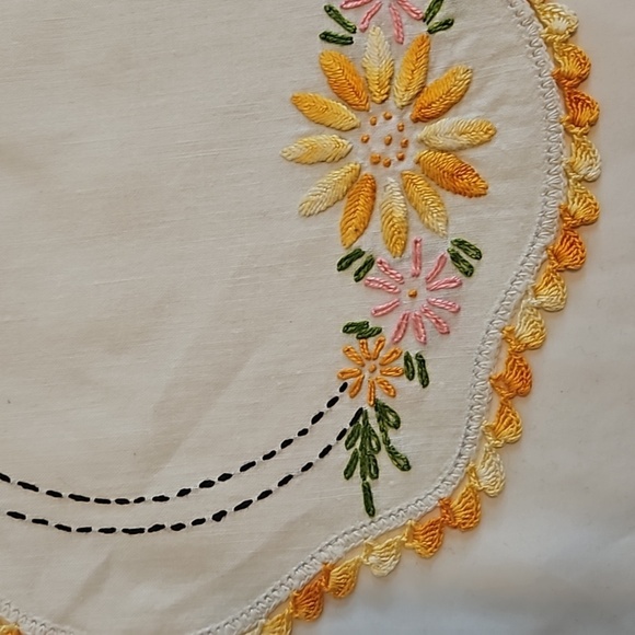 Hand Crafted Needlepoint Doily Circular Set-5 Botanical yellow floral farmhouse - Picture 6 of 17